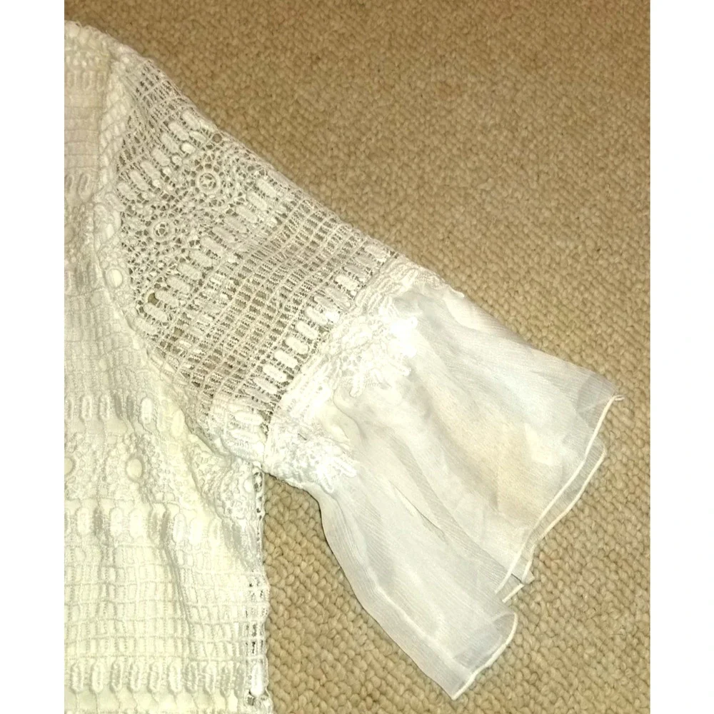 Womens Top-BANANA REPUBLIC-white stretch crochet overlay sheer slvs Romantic-XL